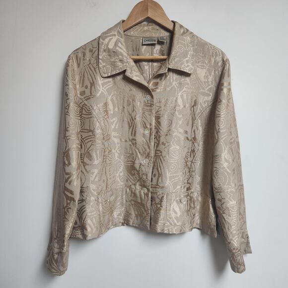 Chicos Jacket Womens 2 Large 12 Silk Blend Blazer Champagne Gold Geometric - Picture 1 of 16
